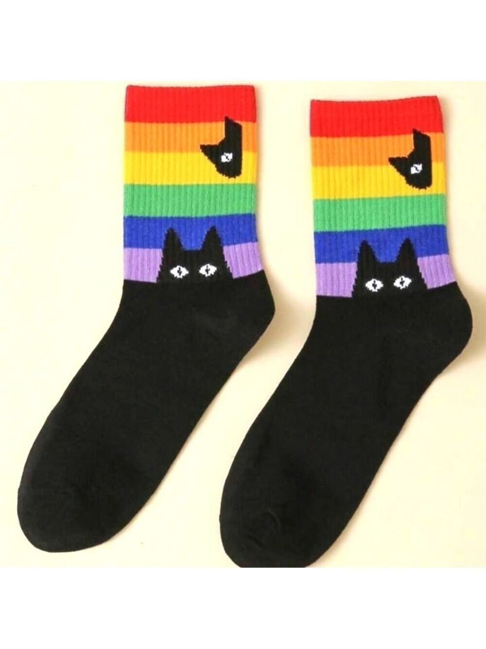 🌈 Socks--Staring Kitty + Peeking Kitty Socks Black W-Crew